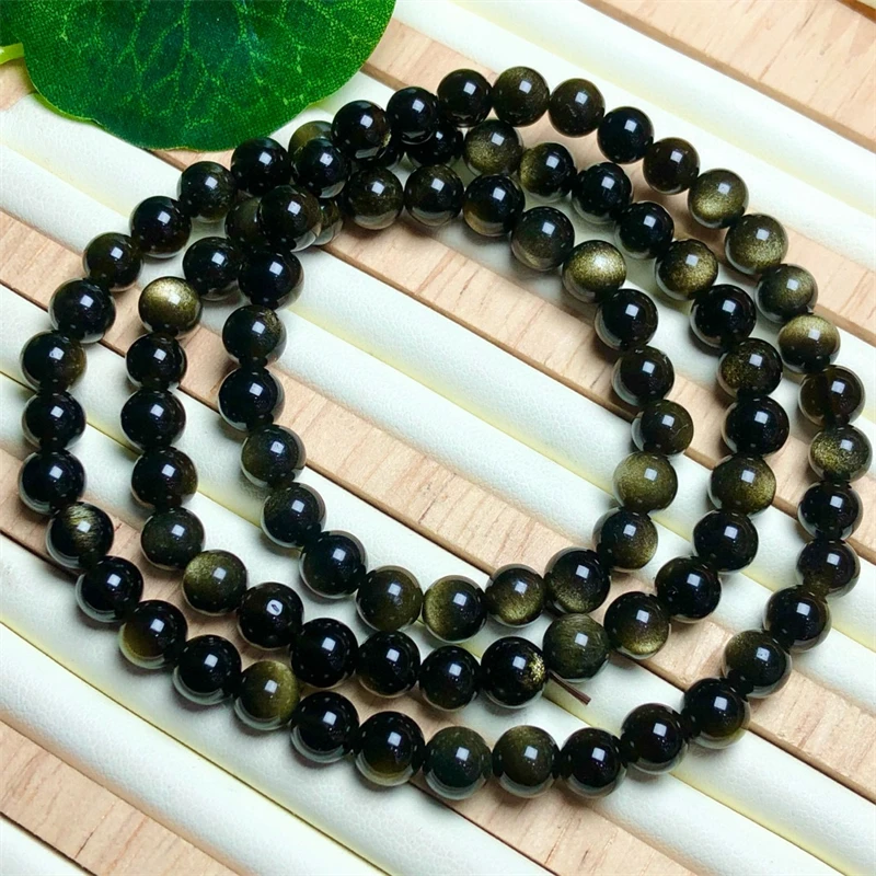 6MM Natural Golden Obsidian Triple Circle Bracelet Reiki Healing Fengshui Stone Fashion Jewelry For Women Holiday Gift 1PCS