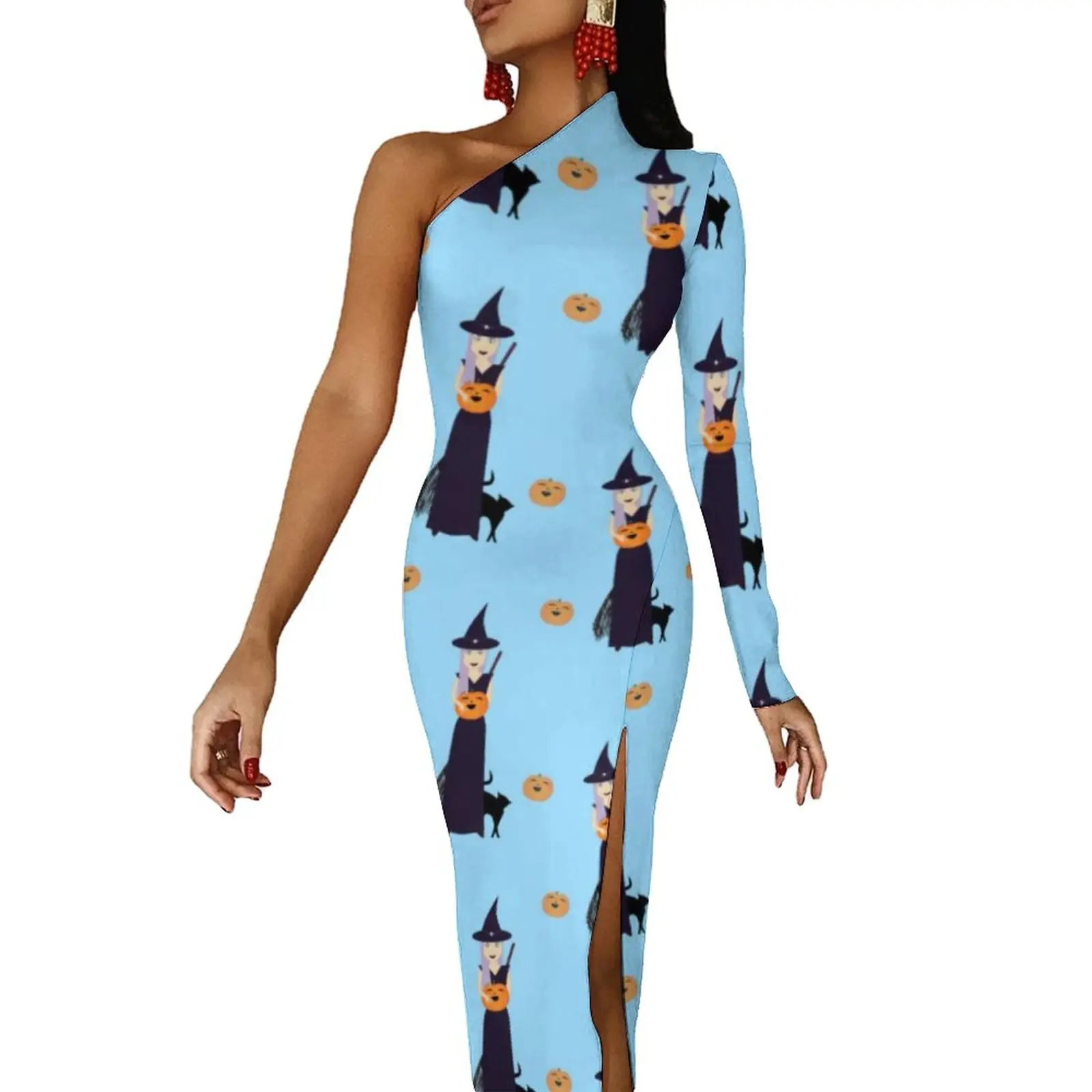 

Cute Halloween Witch Maxi Dress One Shoulder Happy Pumpkin Pretty Bodycon Dress Autumn Aesthetic Long Dresses Print Clothing