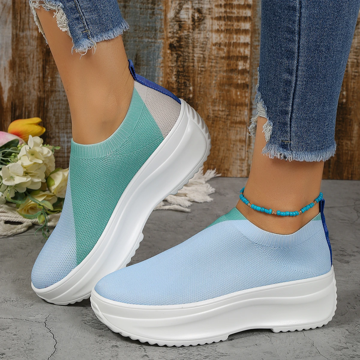 Patchwork Breathable Knit Sneakers for Women 2023 Fashion Mixed Color Platform Loafers Woman Thick Bottom Vulcanized Shoes 36-42