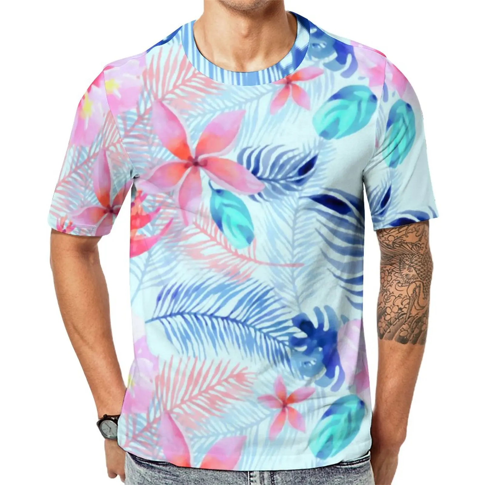 

Tropical Floral T-Shirt Lovely Pink Hibiscus Harajuku T Shirts Men Essential Tee Shirt Summer Short-Sleeve Print Tops Plus Size