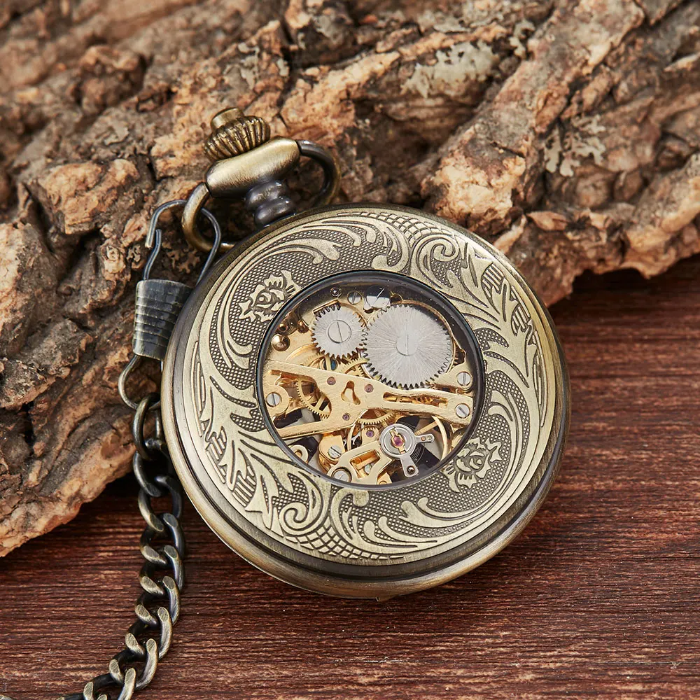 Vintage Pattern Mechanical Pocket Watch With Chain Retro Steampunk Skeleton Hollow Hand-winding Pendant Clock Men Women