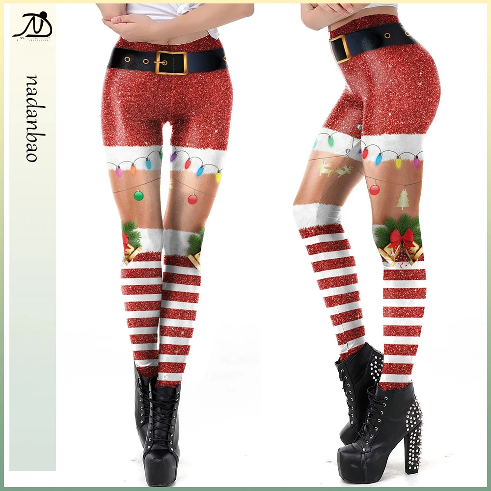 

Красные рождественские леггинсы Nadanbao с принтом в полоску, женские пикантные забавные эластичные колготки, брюки женские со средней талией, праздничные брюки