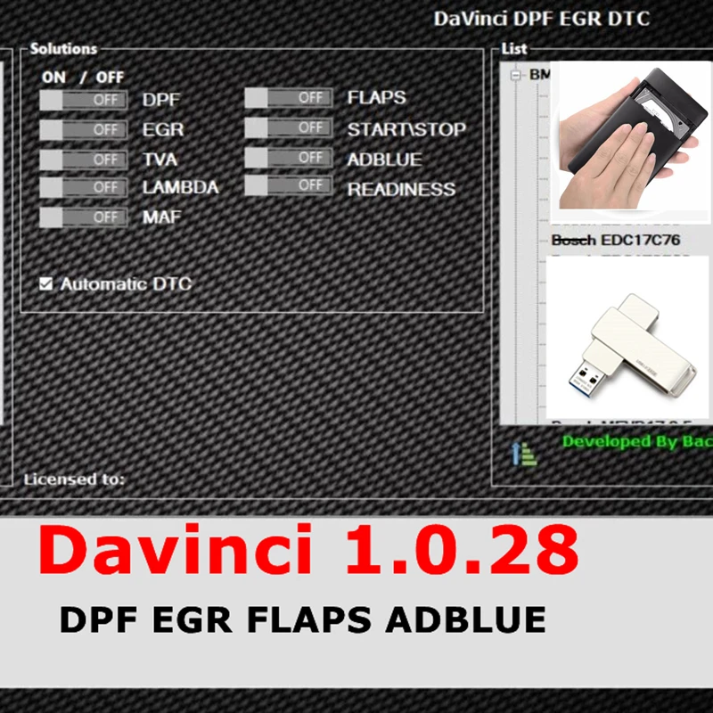 

Unlimited Activate Davinci 1.0.28 PRO DTC DPF EGR FLAPS ADBLUE OFF SOFTWARE CHIPTUNING REMAPPING DAVINCI V1.0.28 ECU Programmer