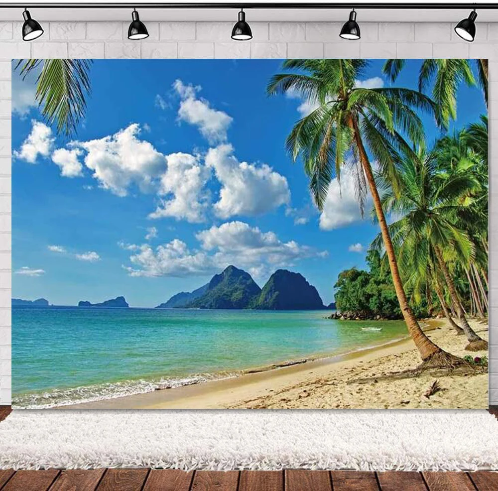 

Summer Tropical Beach Photography Backdrop Seaside Island Trees Background For Picture Blue Sea Sky Sunshine Luau Party Decor