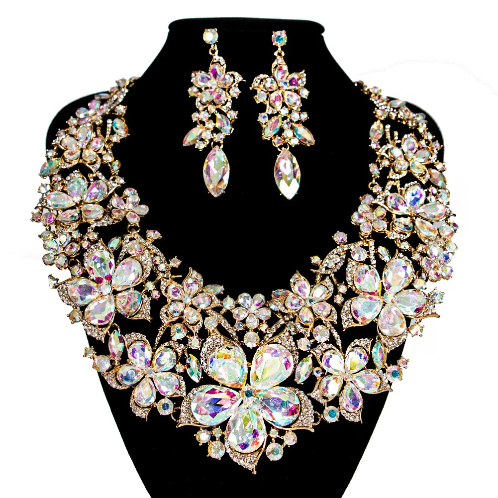 

New Cross Border Jewelry Oversized Necklace Earrings Set African Glass Crystal Banquet Bride Jewellery Set African Jewelry Set