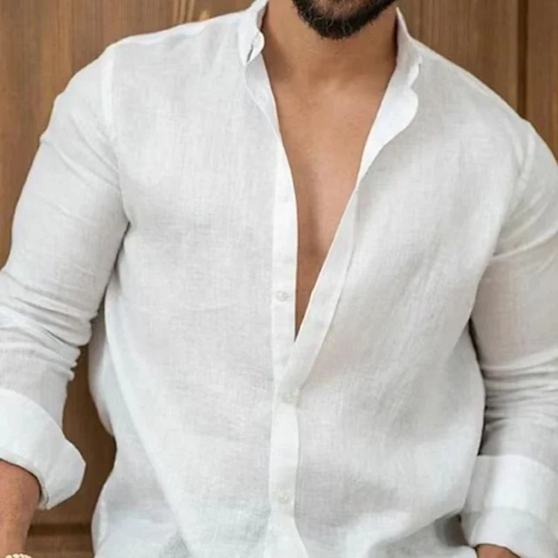 

Рубашка мужская с отложным воротником, модная сорочка из хлопка и льна, Повседневная Удобная пикантная сорочка с длинными рукавами, однотонная, весна-осень