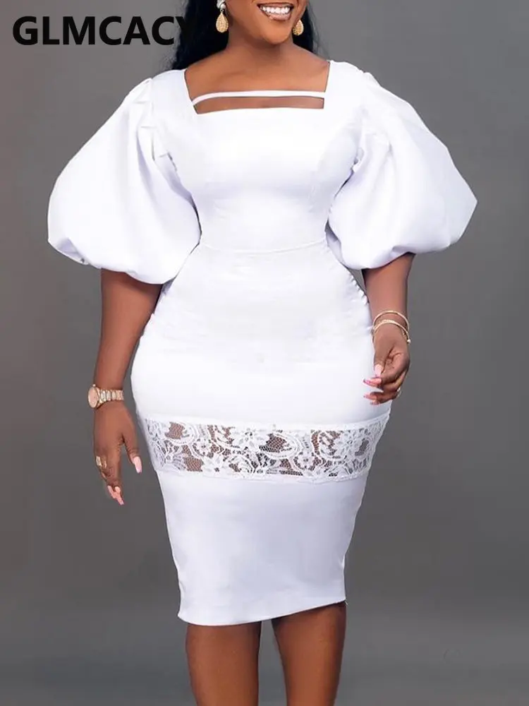 

Женское облегающее платье миди с коротким рукавом-фонариком и кружевной вставкой