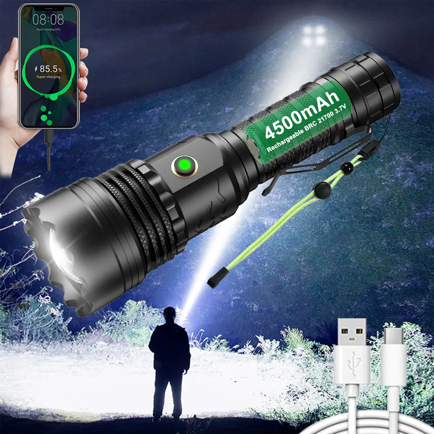

HMTX Worlds Smallest Brightest Rechargeable Flashlight High Lumen 120000 Military Zoomable Searchlights LED Powerful Handheld Sp