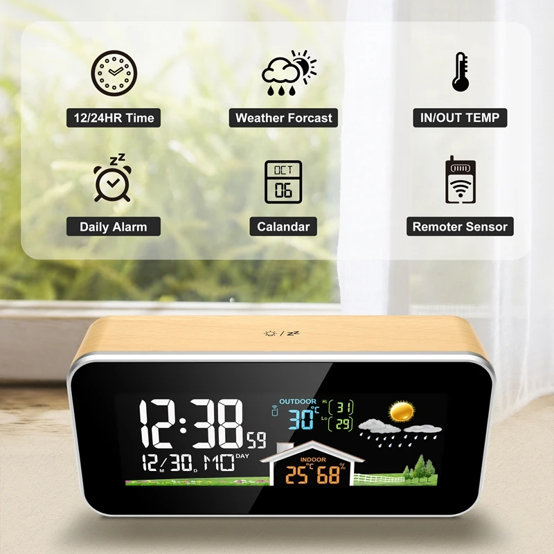

FanJu Color Screen Weather Station Digital In/Outdoor Home Thermometer Hygrometer Desk Wood Alarm Clock Remote Sensor Forecast