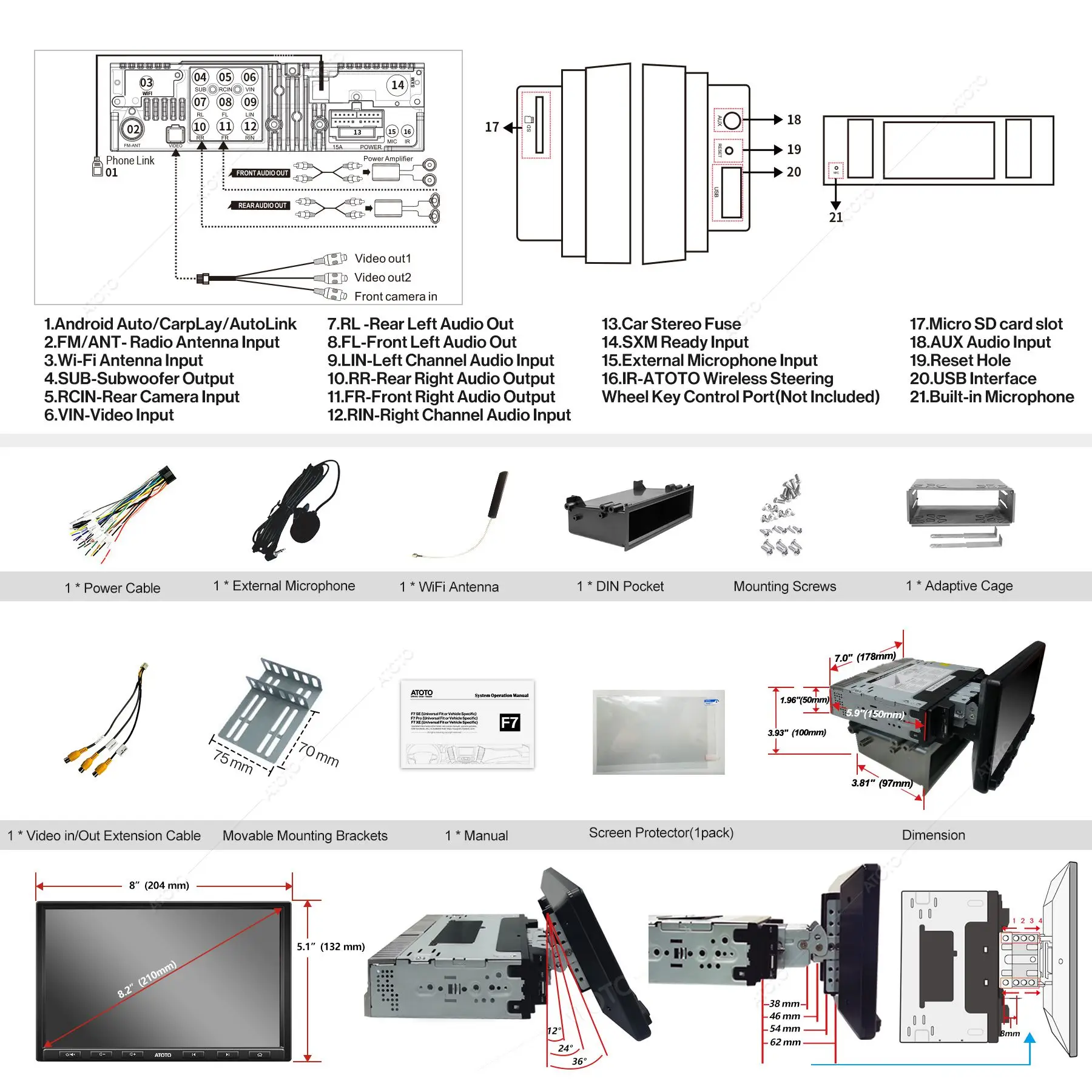 Мультимедийная магнитола ATOTO мультимедийная система с поддержкой HD Wi-Fi Bluetooth