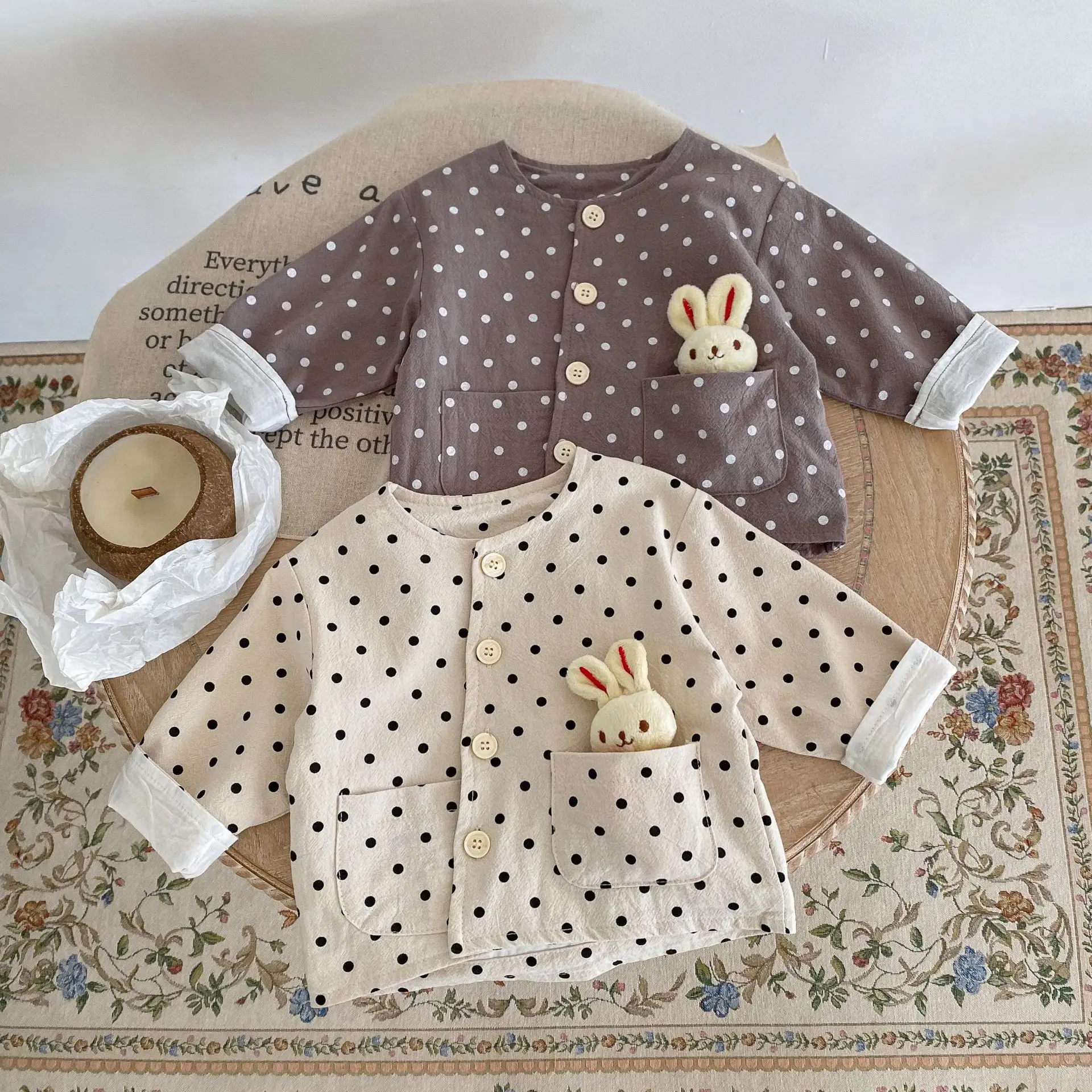 

2023 Spring Autumn Infant Girls Coat Cotton Long Sleeve Dot Pocket Rabbit Newborn Baby Girls Jacket Toddler Girls Outfits