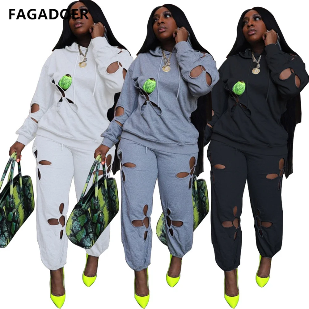 

FAGADOER Casual Hollow Solid Two Piece Sets Women Round Neck Sweatwear And Jogger Pants Tracksuits Female Solid Sporty Outfits