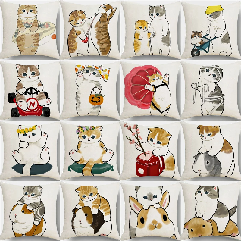 

Cute Cat Cartoon Pillow Case Custom Lazy kitten Animal Cushion Cover Linen Short Plush friendly Pillowslip Sofa Home Decorative