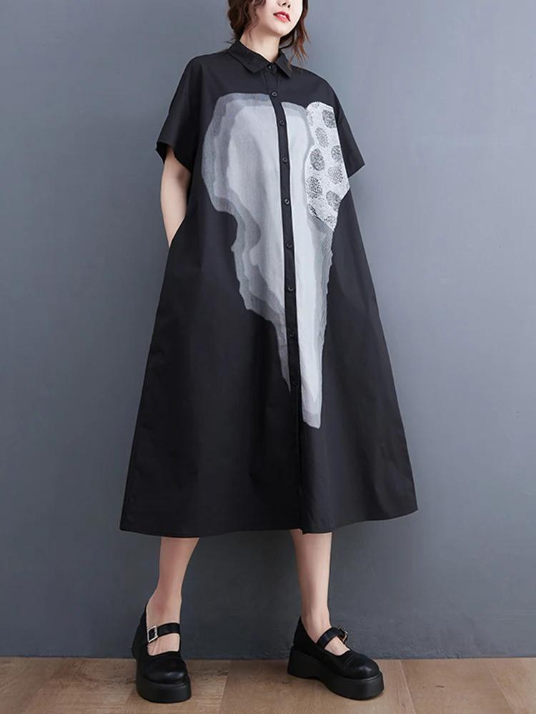 

Black Vintage Short Sleeve Print Shirt Dresses For Women New Loose Casual Ladies Midi Summer Dress Fashion Elegant Clothing 2022