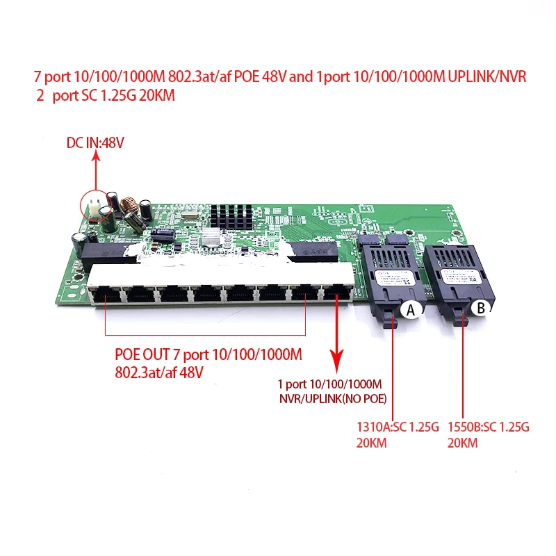 Ethernet коммутатор 8 10/100/1000 м 48 В 7 портов poe 802.3AT/AF с 1 портом 1000M UPLINK/NVR и 2-портовым
