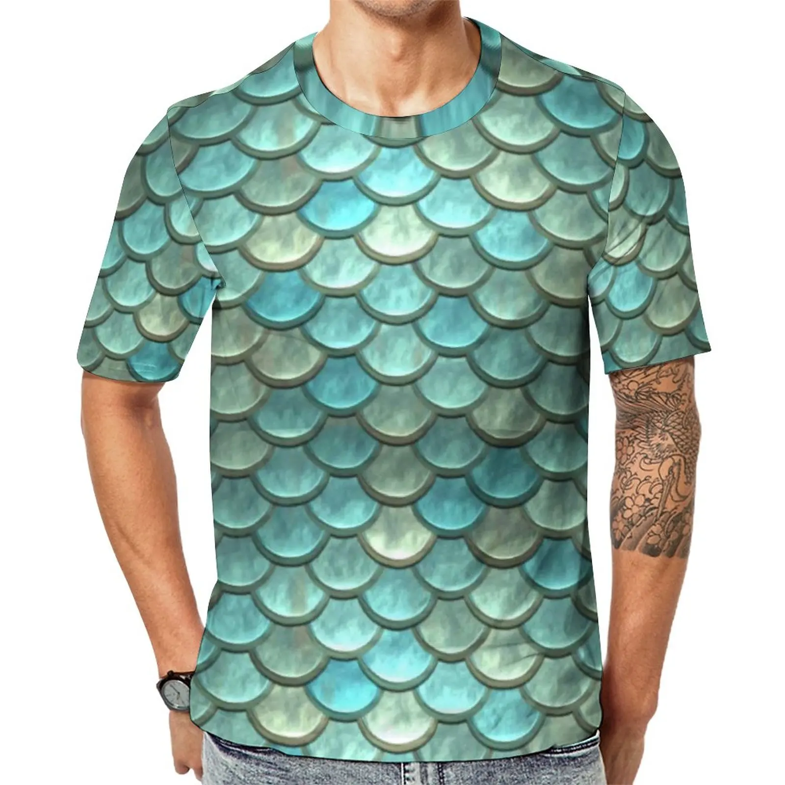

Футболка с металлическим рисунком русалки, футболки в стиле хиппи с изображением голубой рыбы, Мужская футболка, премиум футболки с коротки...