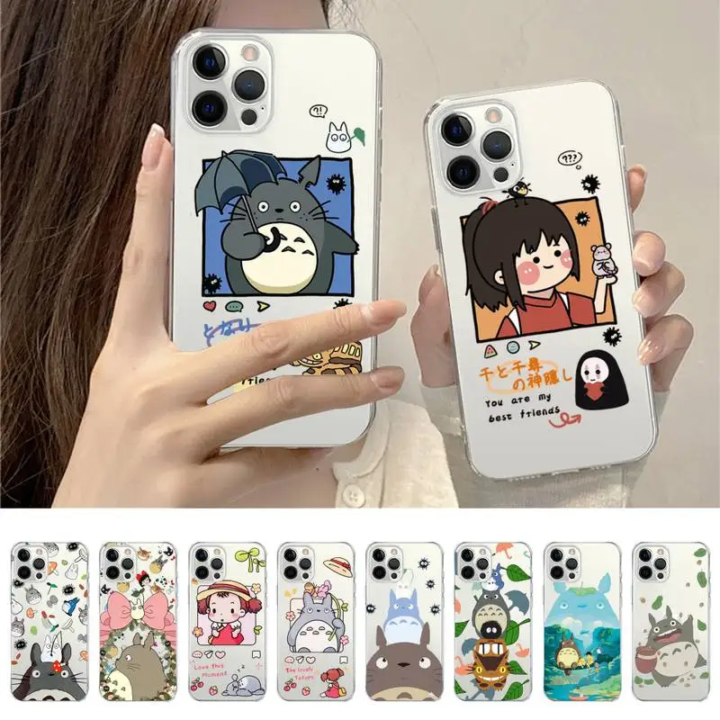 

Japan Cute Cartoon Happy Totoro Phone Case For iPhone 14 13 12 11 Pro Max Mini X Xs XR 6 7 8 Plus SE 2020 Transparent Case