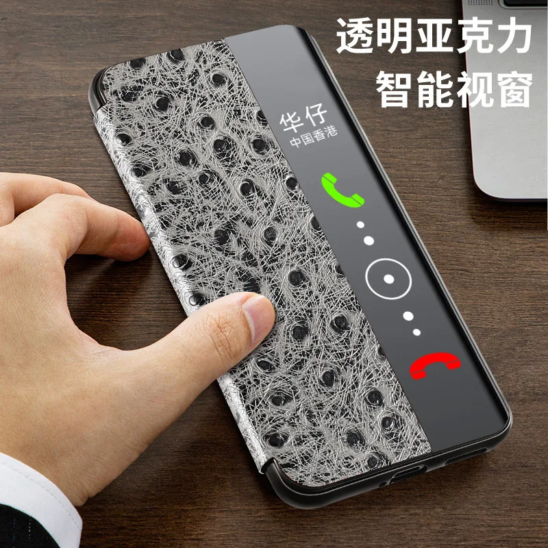 Hot Sales Luxury Ostrich Grain Cowhide Leather Cover For Huawei P50 Pro Real Genuine Cow Skin Intelligent Sleep Window Flip Case