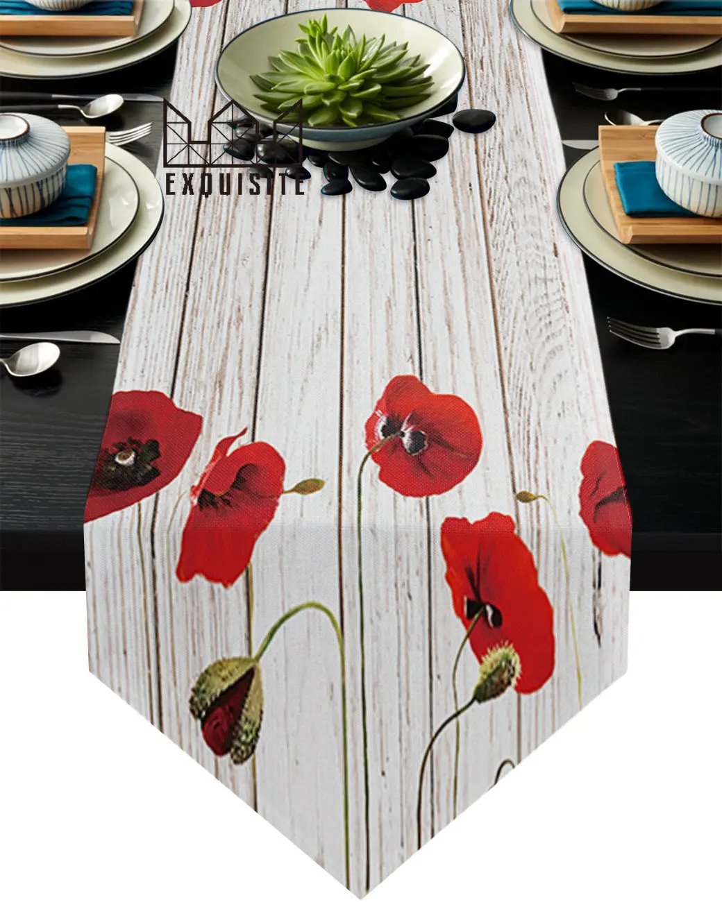 

Vintage Wooden Texture Red Poppy Flower Table Runner Table Art Home Party Country Wedding Decoration Tablecloth Table Runners