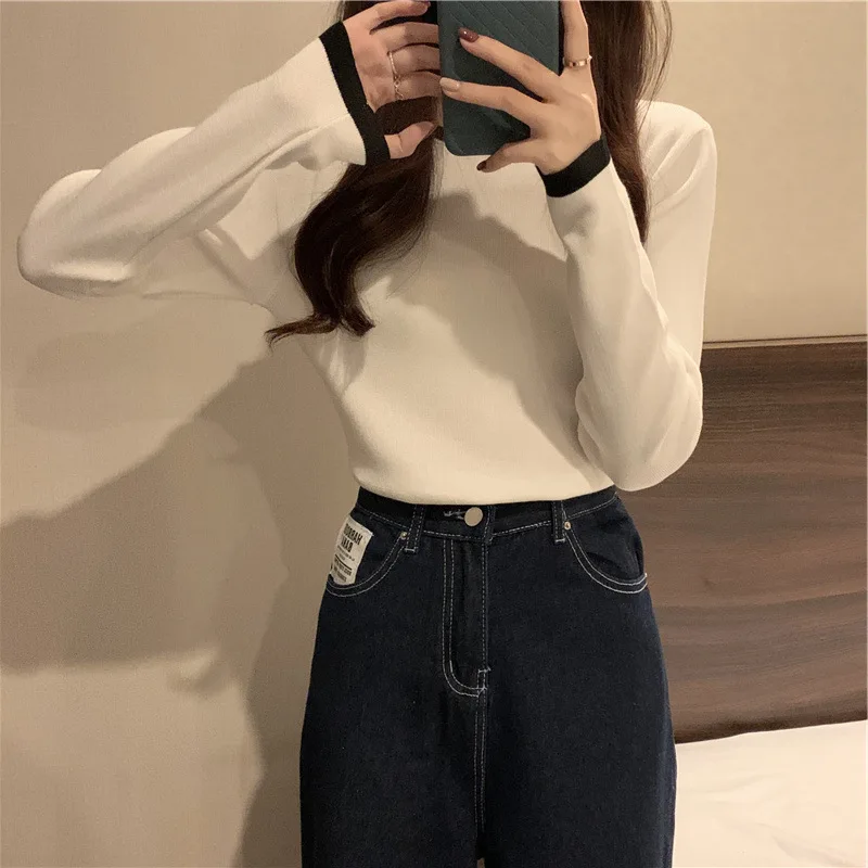 Осенняя женская футболка приталенный базовый слой дизайн с длинными рукавами