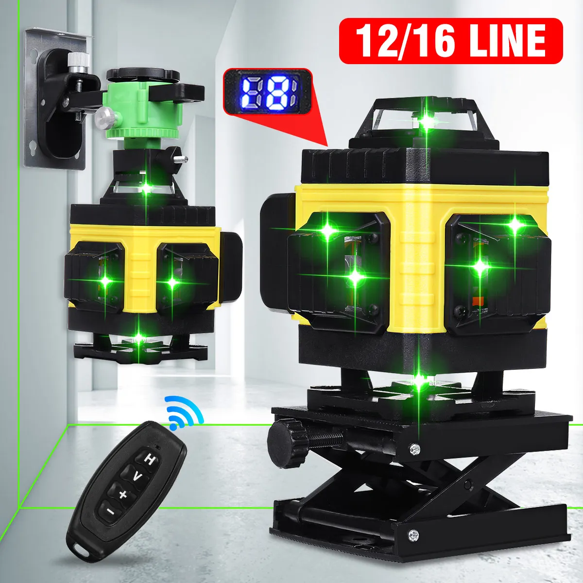 

16/12 Line 4D Laser Level Green Light LED Display Auto Self Leveling 360° Laser Levels Horizontal Vertical Cross Remote Control