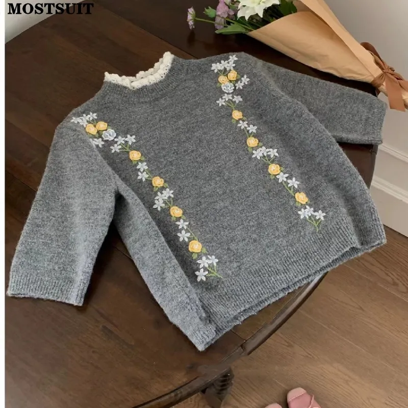 Женский винтажный свитер с цветочной вышивкой Элегантный Модный Стильный