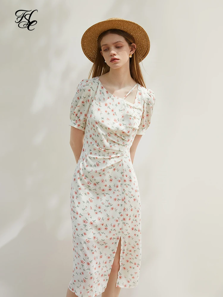 

FSLE 2022 Summer New Chinese style Women Dress Irregular Collar Floral Special Slim Gentle Retro Elegant Female Clothing
