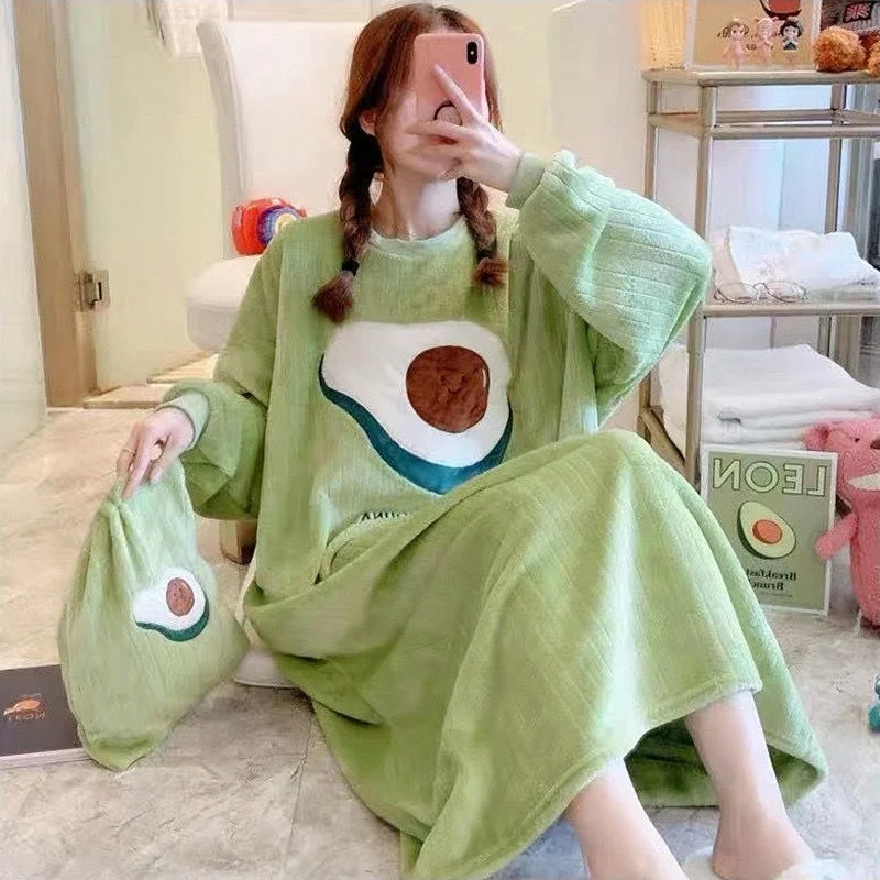 

Зимние плотные теплые фланелевые ночные рубашки с длинным рукавом и принтом для женщин, длинное платье, Коралловая бархатная одежда для сна...