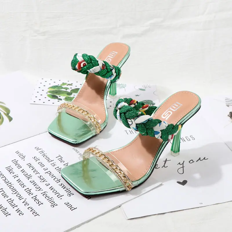 

2023 New Women Sandals Summer Metal Chain Square Toe High-heel Sandals Woven Outdoor Slippers High Heels Gladiator Sandals Woman