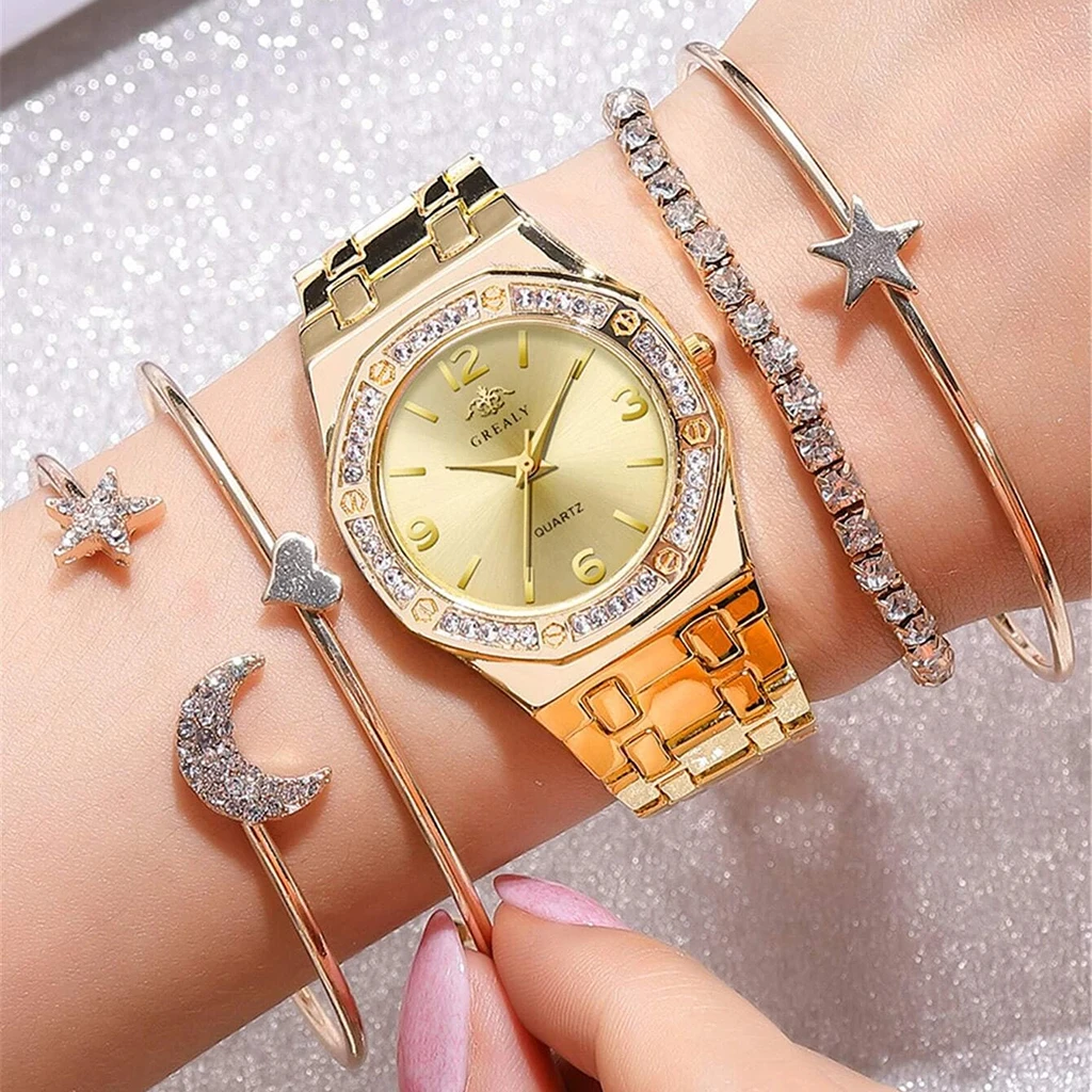 

SMVP5PCS New Watch Set Women Luxury Fashion Ladies Rose Gold Quartz Wristwatches Women Ladies Brand Crystal Dress Watches Reloj