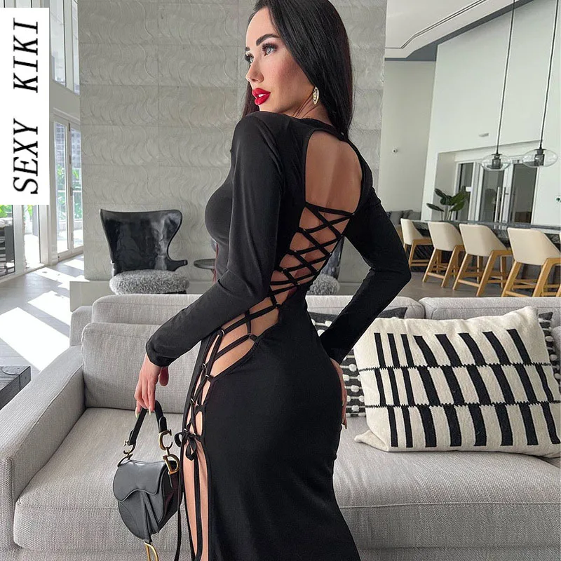 

Женское платье с длинным рукавом и разрезом сбоку, осень 2022