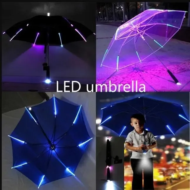 

2022 Creative New Hot Fashion Cool Umbrella With LED Features 8 Rib Light Transparent With Flashlight Handle Umbrellas