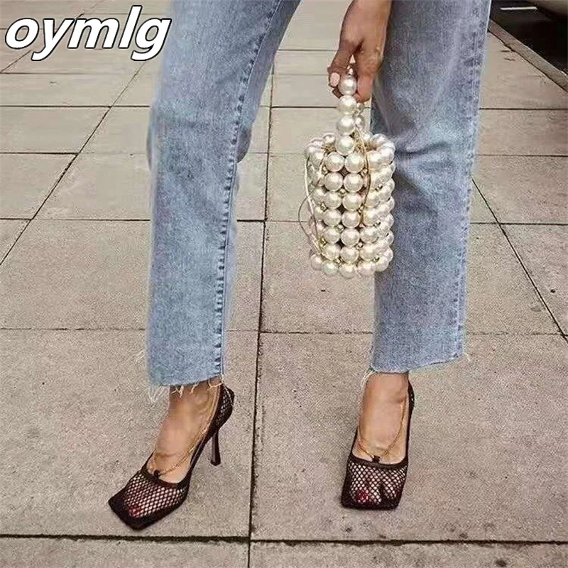 

Sandals women's high heels stilettos square toe fishnet chain net boots 2022 new large size women's shoes shoes heels women