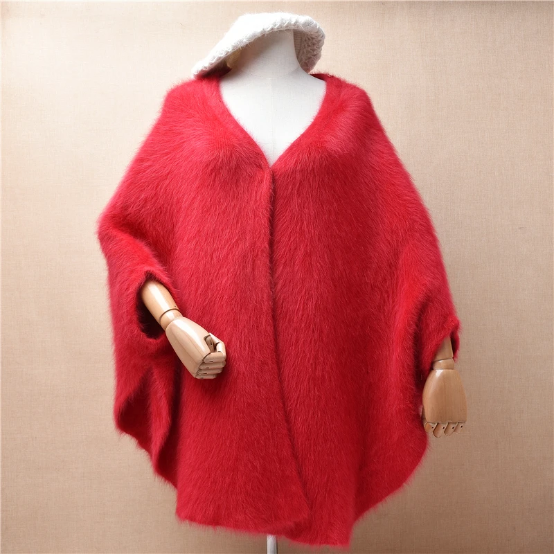 

04 Ladies Women Fall Winter Christmas Red Hairy Mink Cashmere Knitted Short Batwing Sleeves Loose Cardigans Mantle Sweater Pull