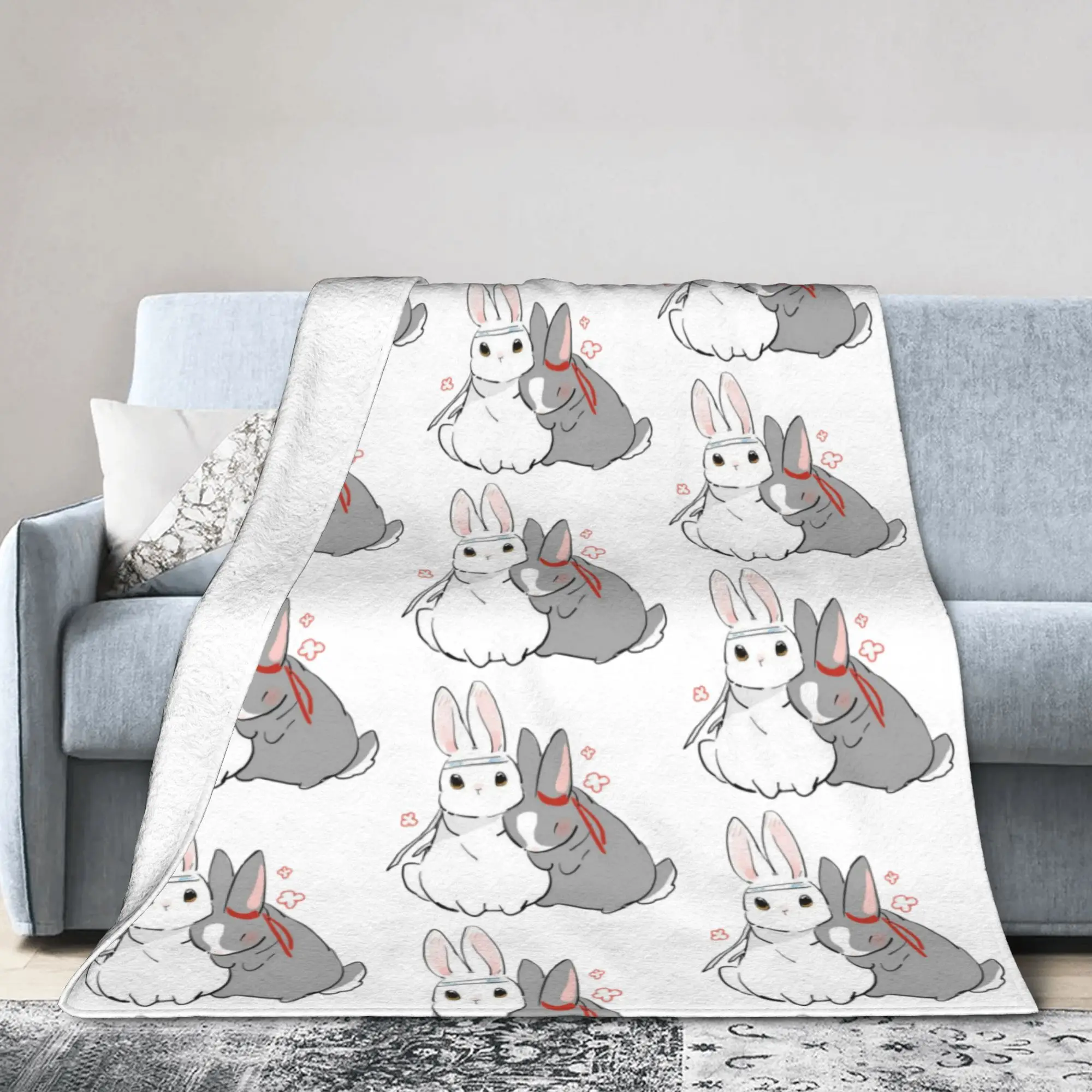 Фото Одеяло The Untamed MDZS Wangxian Bunnies, фланелевое одеяло с принтом Mo Dao Zu Shi, портативное ультрамягкое одеяло для дивана, дорожное одеяло №2
