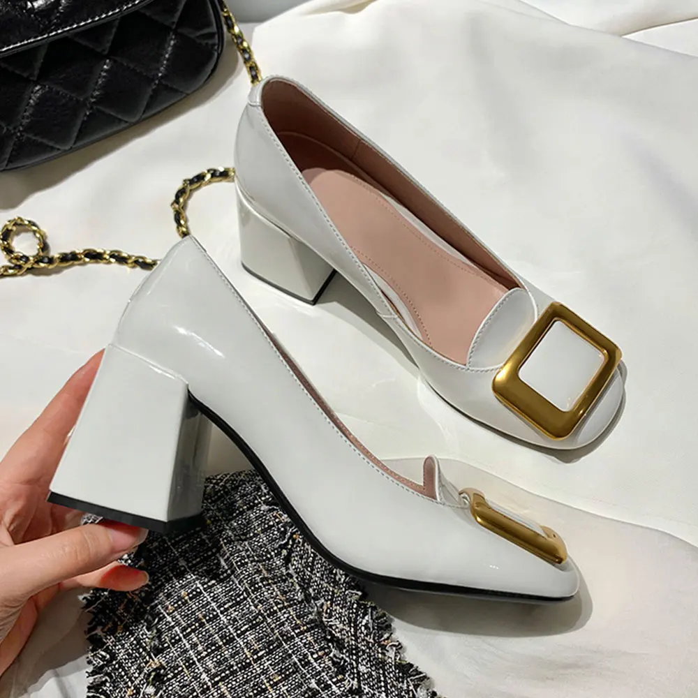 Great Quality 2023 Summer Spring New Genuine Leather Square Toe Block High Heels Women Shoes Pumps Slip On Comfy Footwear