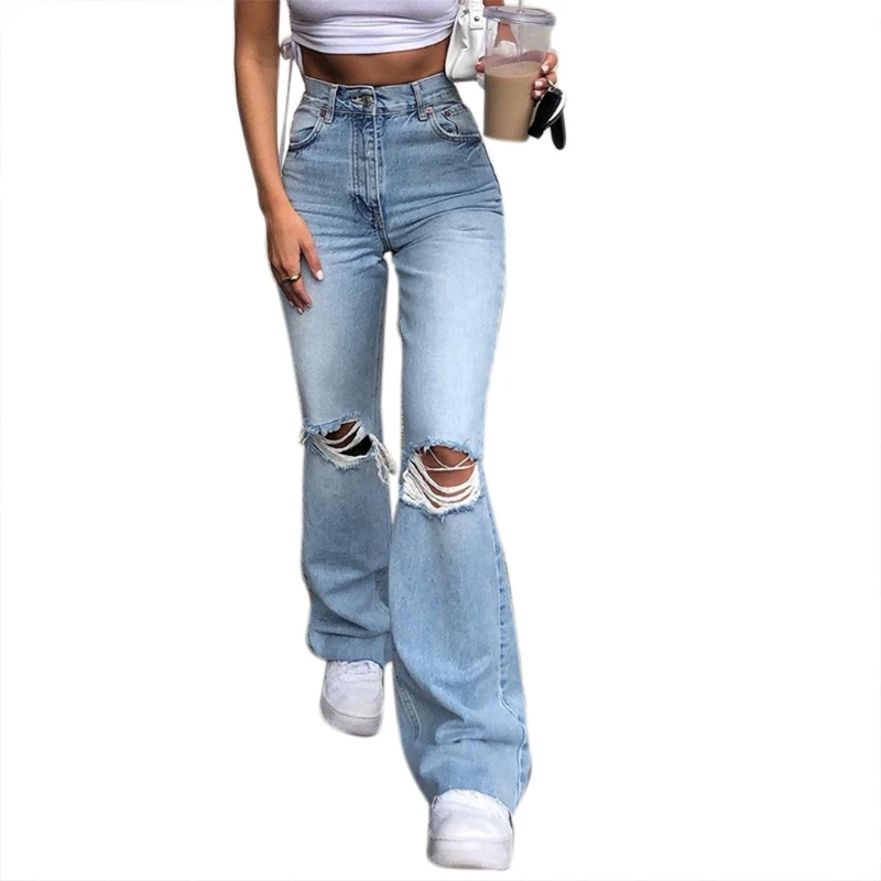 

Women Vintage Ripped Flare Bell Bottom Jeans High Waist Raw Hem Slim Denim Pants