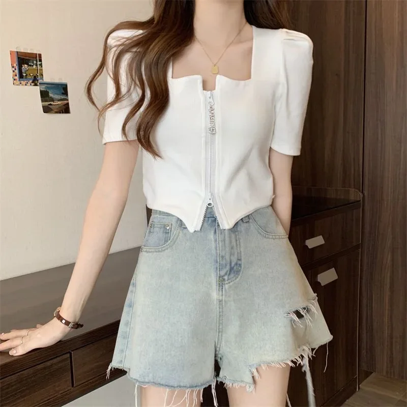 Большие размеры нишевый дизайн чувственные футболки с квадратным воротником и