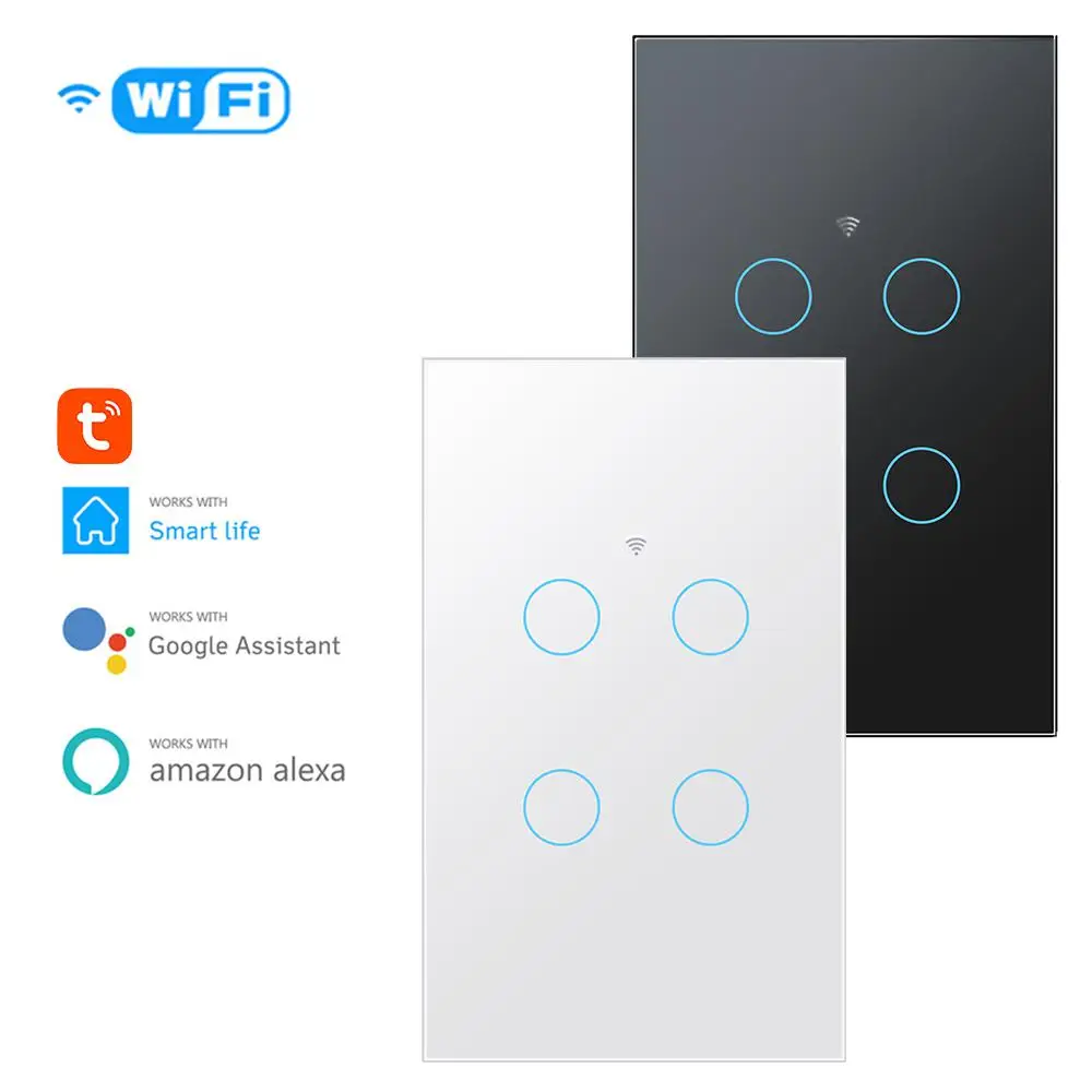 

For Alexa And Google Home Assistant Tuya Light Wall Button 1/2/3/4gang Wif Smart Switch Remote Control Tuya Smart Tempered Glass