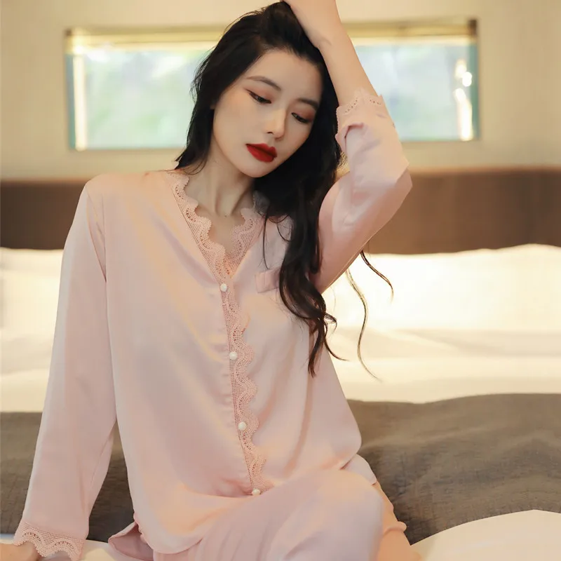 Lace Sexy Silk Pajamas Women's Long-Sleeved Suit Korean-Style Home Loose Ice Silk Thin Homewear