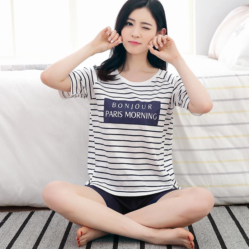 

Women's Pajamas Set 2 Pieces Set Sleepwear Suit Short Sleeves Sleep Tops Pant Female Nightwear Cotton Pijamas Suit Free Ship