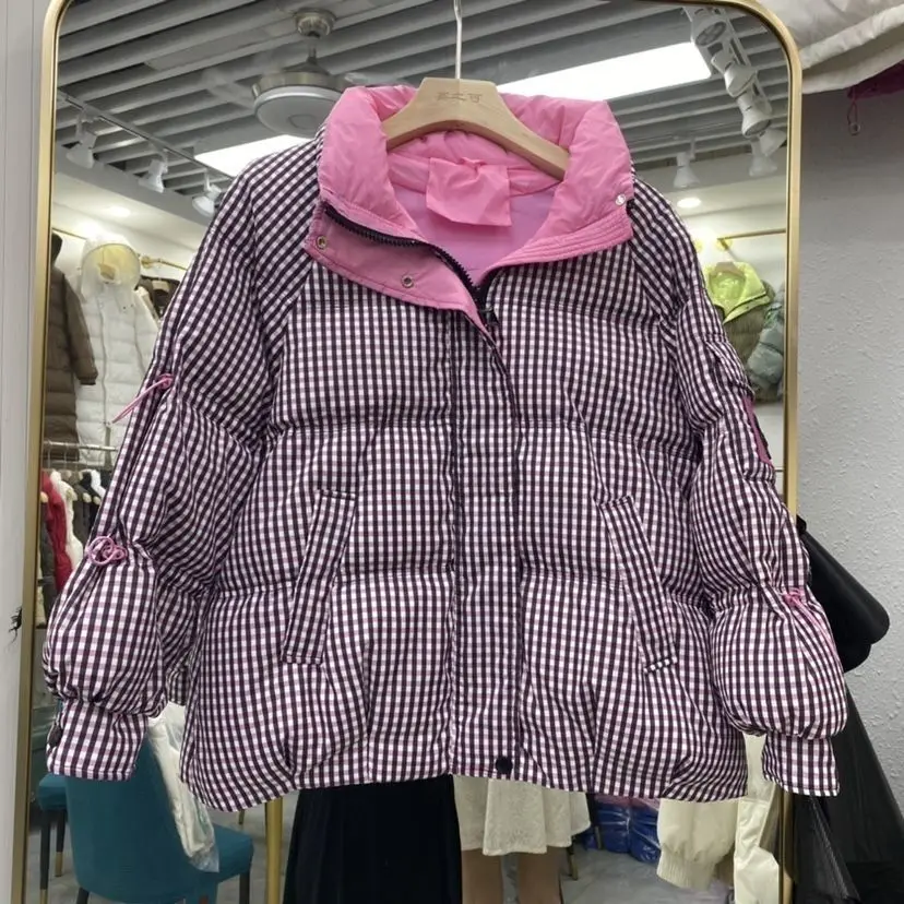 Houndstooth Stand Collar Down Jacket Women New Winter Loose Thick Warm White Duck Down Bread Coat Ladies Zipper Pockets M42