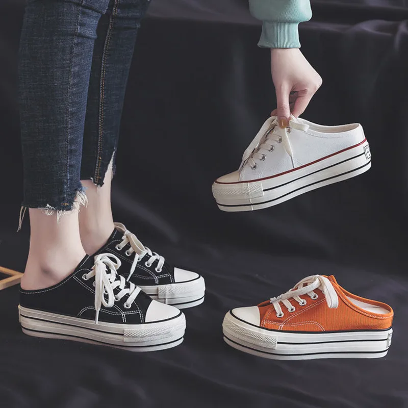 

2021 New Style No Back Heel Lazy Inside Raised Canvas Half Slippers Women Baotou Small White Shoes Versatile Thick Soled