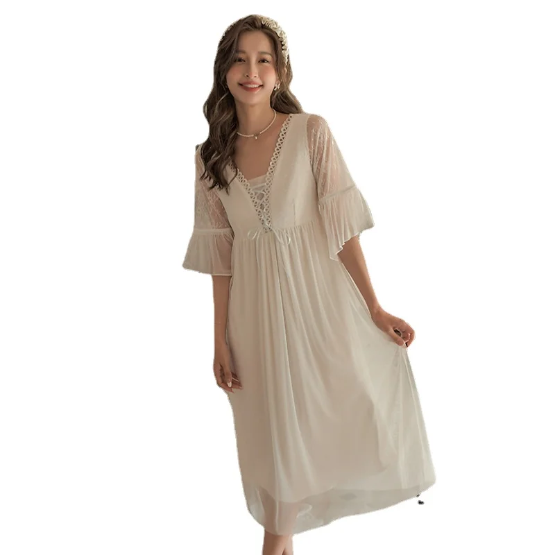 With Breast Pads Women's Nightgown Spring Sexy Nightdress Gauze Horn Sleeve French Sweet Palace Princess Dress Long Style Skirt