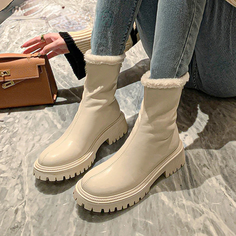 

Женские кожаные ботильоны с круглым носком, на платформе, на толстом среднем каблуке, на молнии, из овечьей кожи, короткие зимние ботинки, бежевые