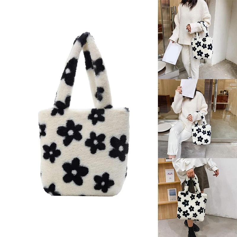 

ASDS-Ladies Women Girls Fluffy Shoulder Bag Plush Handbag Wallet Tote Bag For Autumn And Winter, Flower Pattern