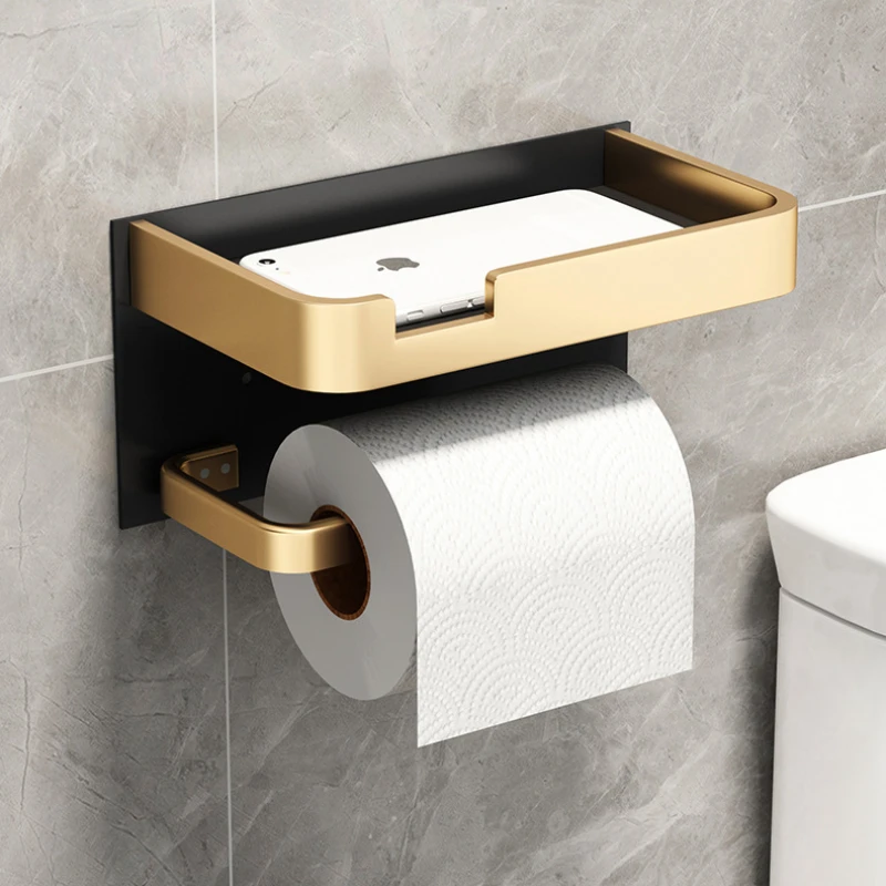 

Paper Holder Wall Mounted Bathroom Accessories Phone Rack Toilet Shelf Space Aluminum Towel Rack Tissue Boxes Black Golden