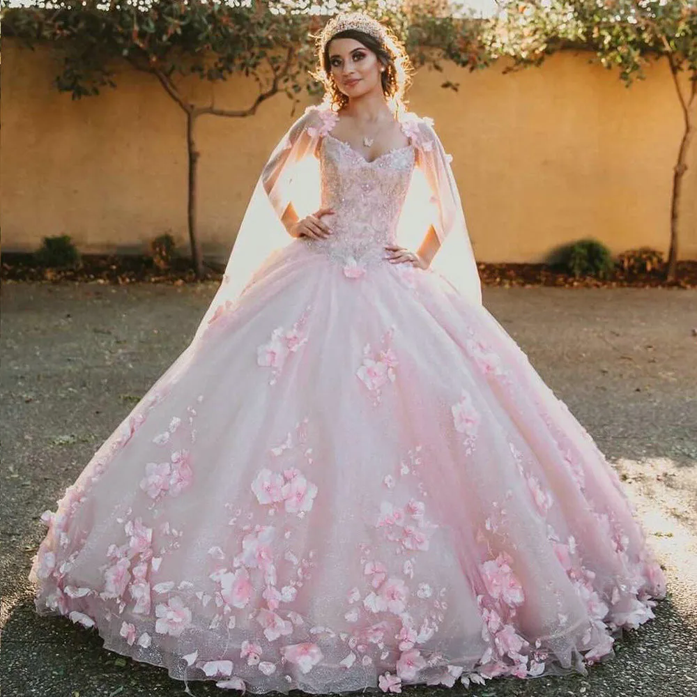 

Pink Quinceanera Dresses Ball Gown V-neck Tulle Appliques Flowers Beaded Puffy Sweet 16 Dresses