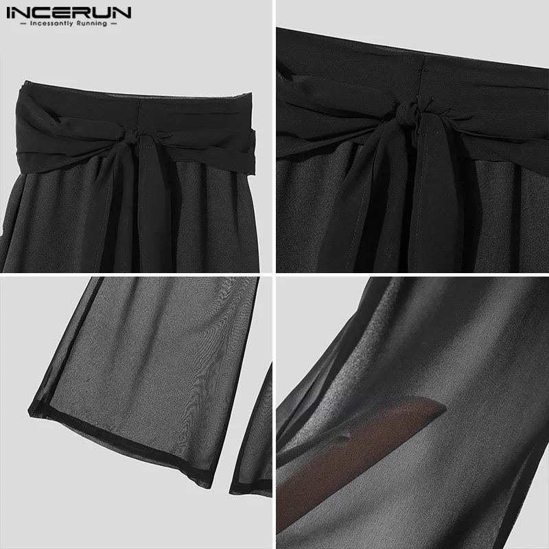 INCERUN мужские повседневные длинные брюки 2024 сетчатые с поясом Hansome широкие простые