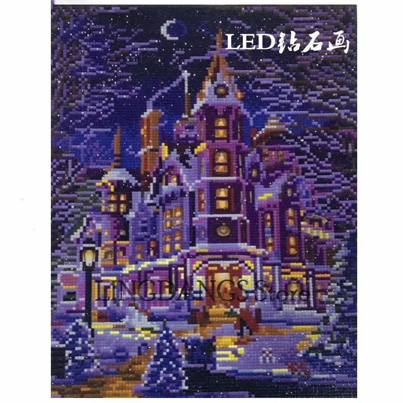 

DIY diamond painting full diamond resin luminous painting LED diamond painting living room decoration painting castle lamp